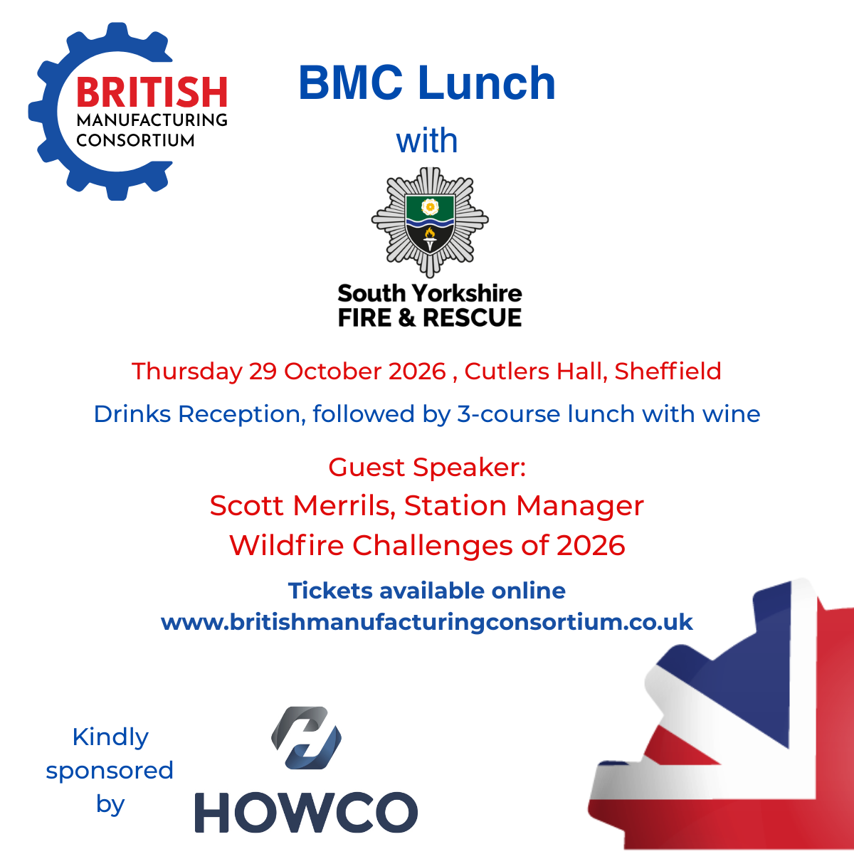 Ticket to BMC Lunch, with South Yorkshire Fire & Rescue, at The Cutlers Hall, 29 October 2026 1 Ticket to BMC Lunch, with South Yorkshire Fire & Rescue, at The Cutlers Hall, 29 October 2026